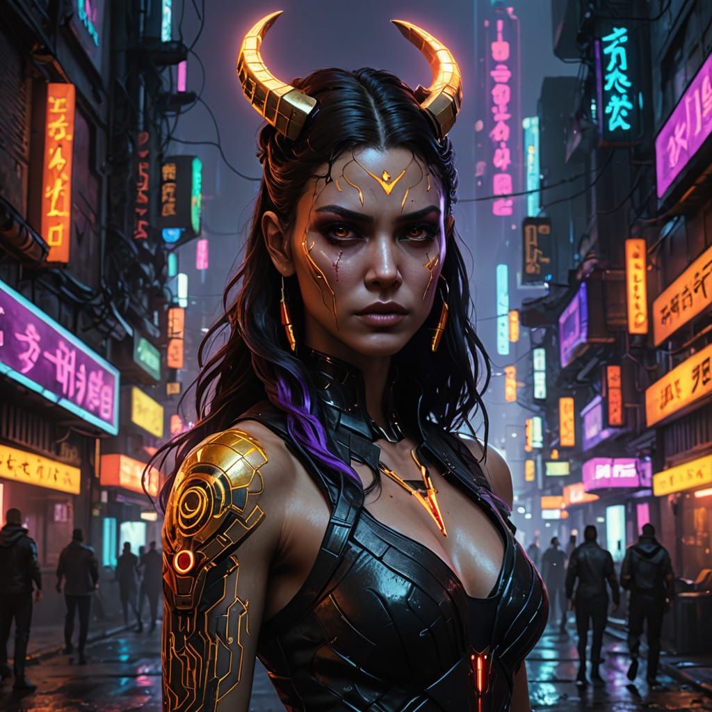 Cyberpunk Demoness Infernia Radiates Power in a Gritty Dysto...