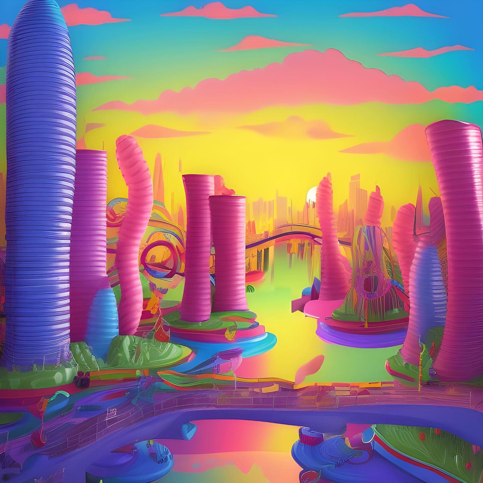 Candy Art Cityscape at Sunset: Digital Illustration