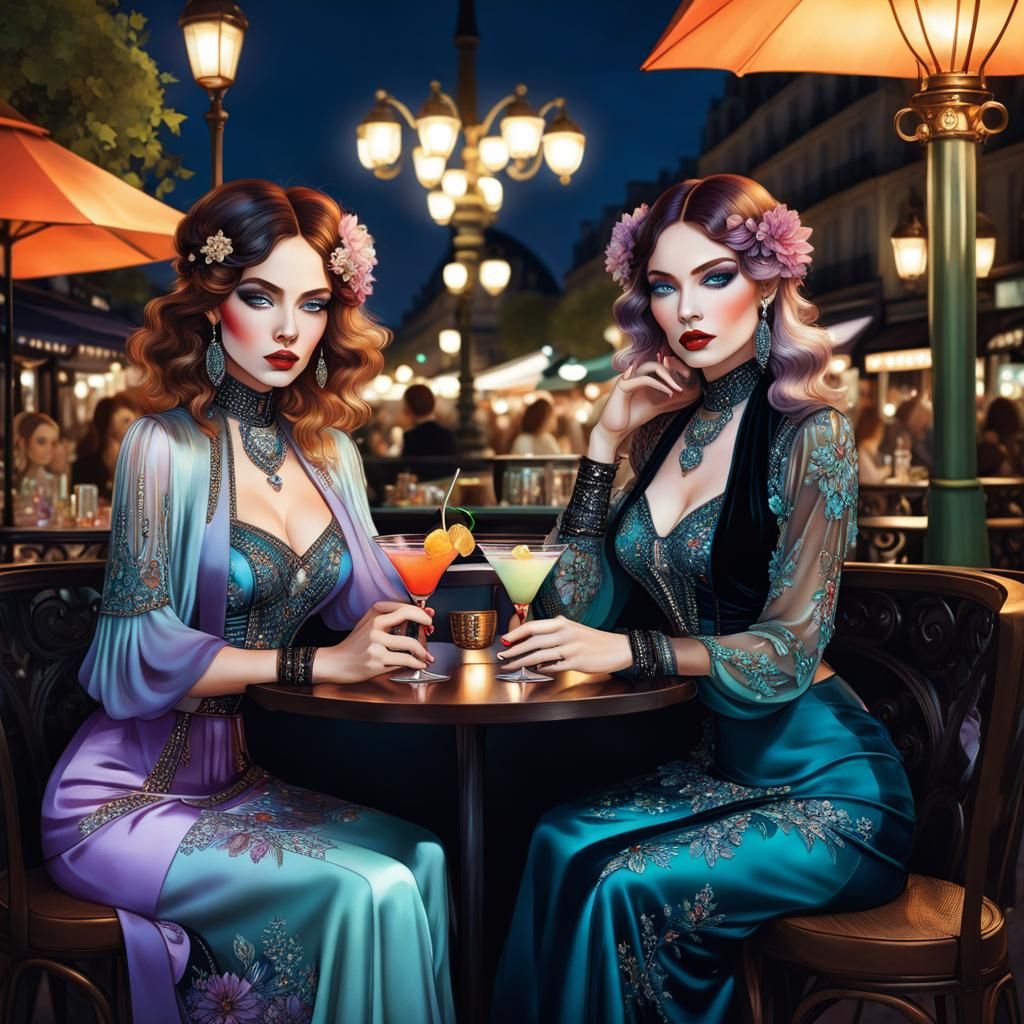 Parisian Sisters Enjoying Cocktails in Art Deco Style