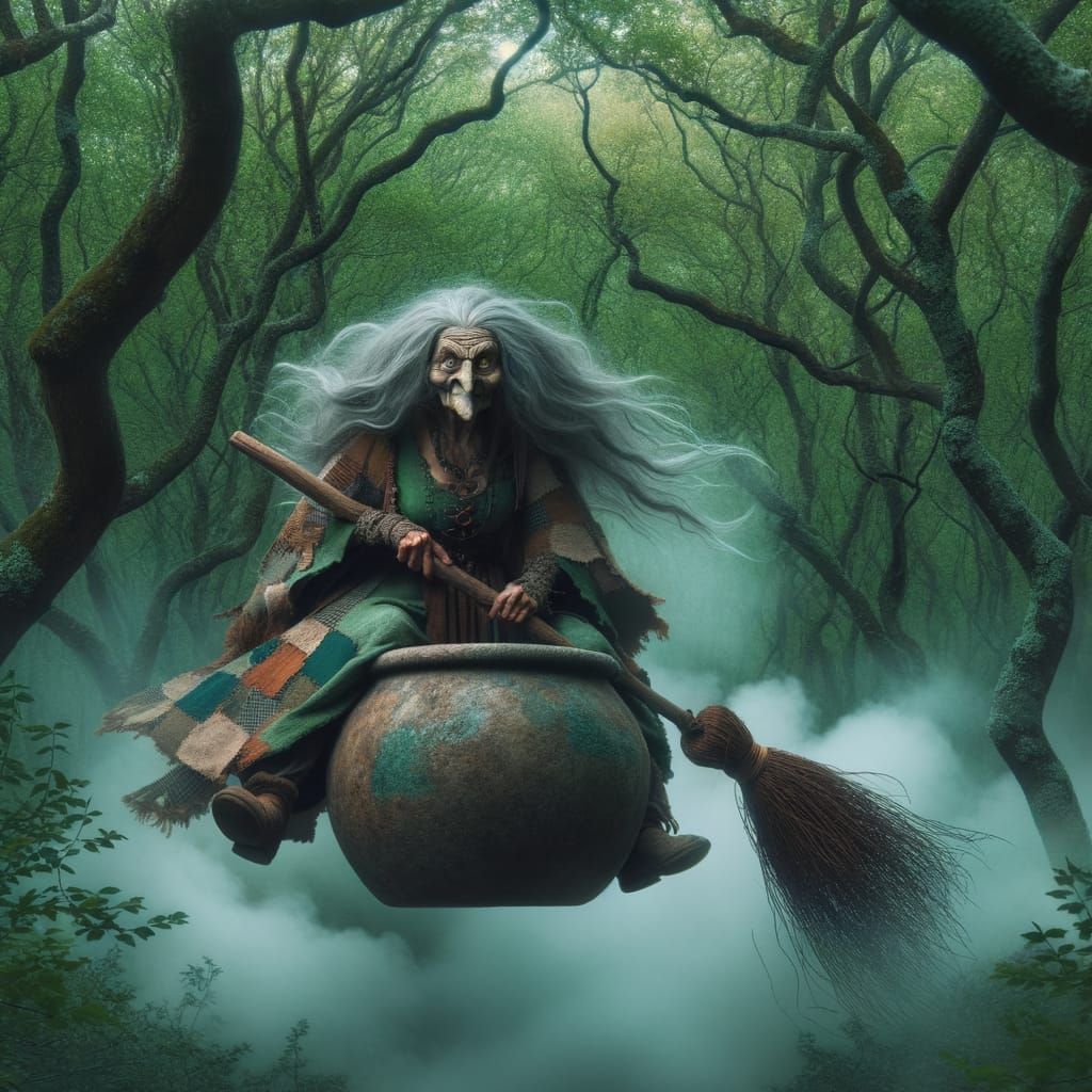Mystical Baba Yaga Soars Through Eerie Green Forest
