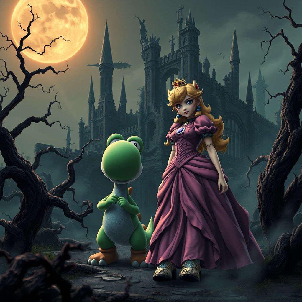 Dark Fantasy Princess Peach and Yoshi in Ruined World