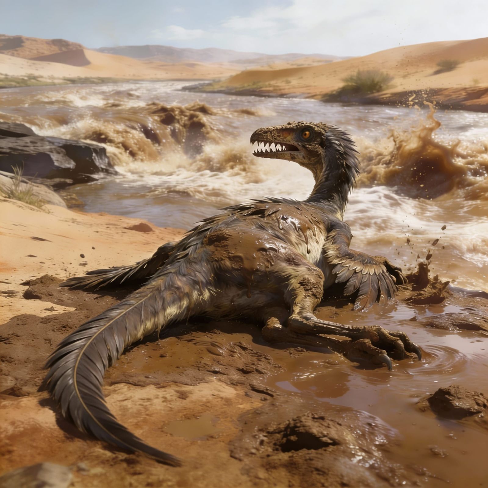 Feathered Coelophysis Survives Desert Flash Flood