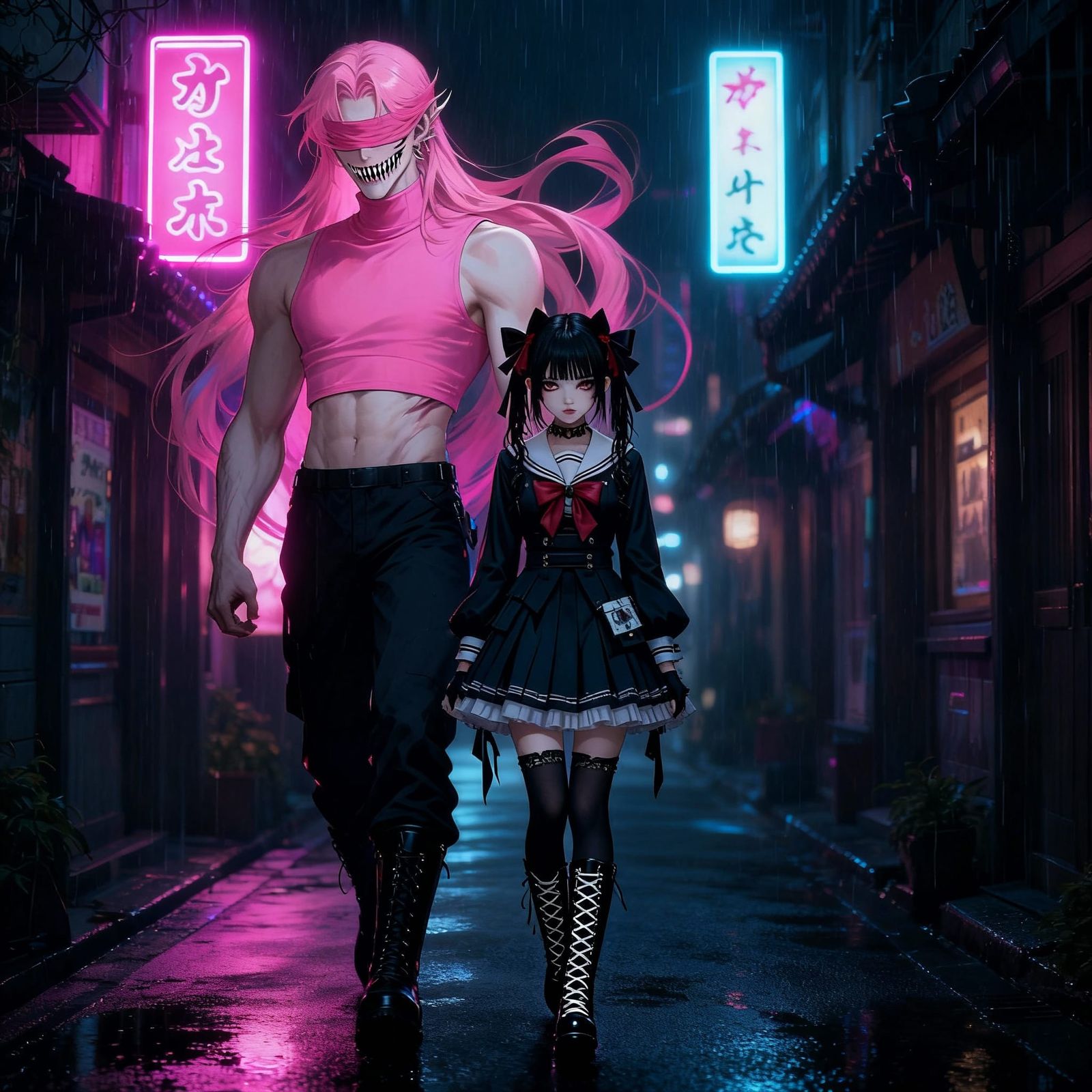 Goth Schoolgirl and Pink Demon Boyfriend in Dark City