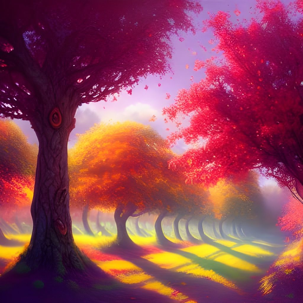 Fantasy Apple Orchard: Detailed Oil Painting