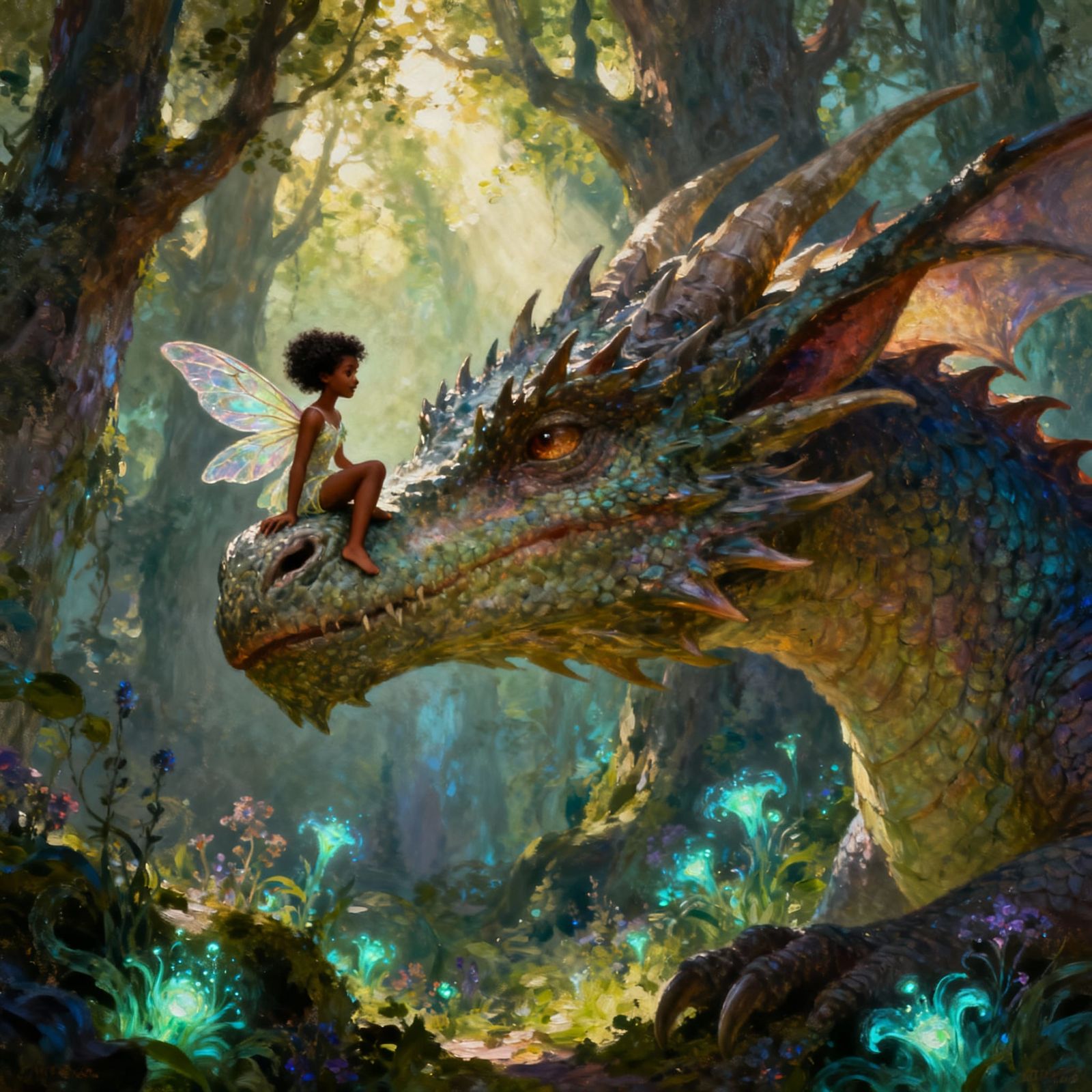 African American Fairy and Dragon in Enchanted Forest Oil Pa...