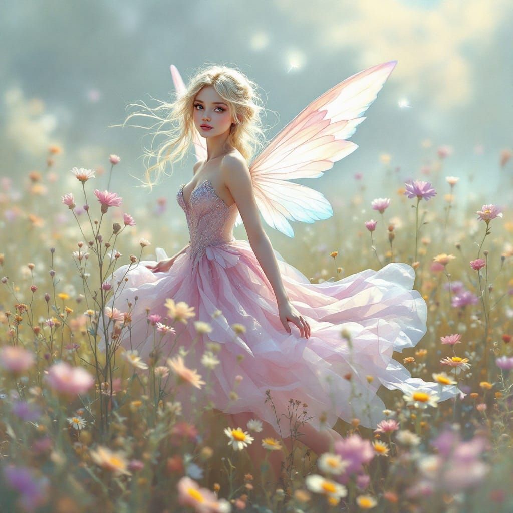 Ethereal Blonde Fairy in Dreamy Pastel Landscape