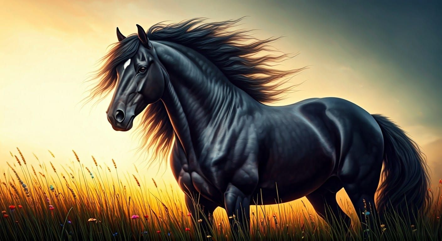 Magnificent Black Stallion in Sunlit Meadow