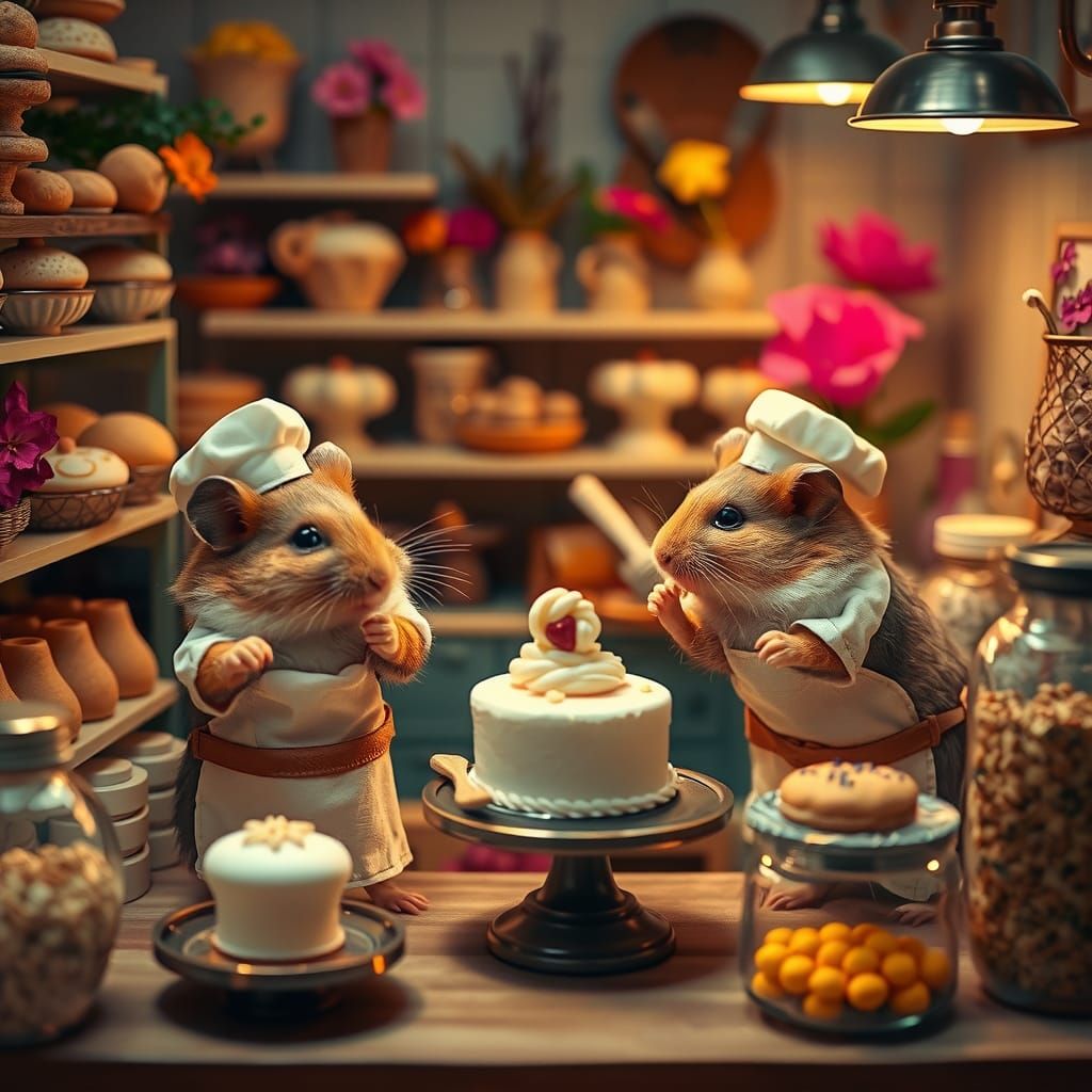 Hamsters Baking in Miniature Bakery, Miyazaki Style