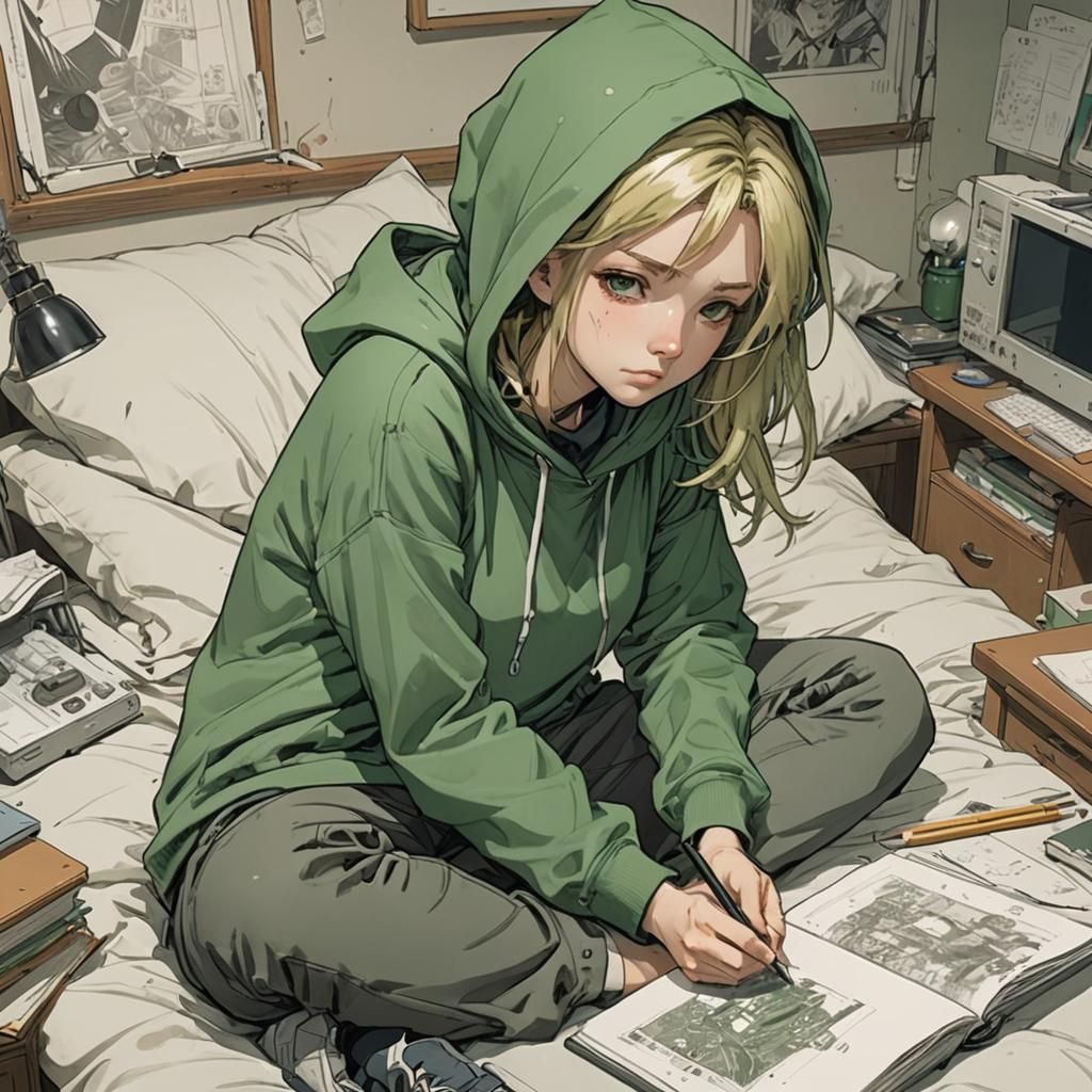 Girl Contemplates Next Drawing in Anime Style