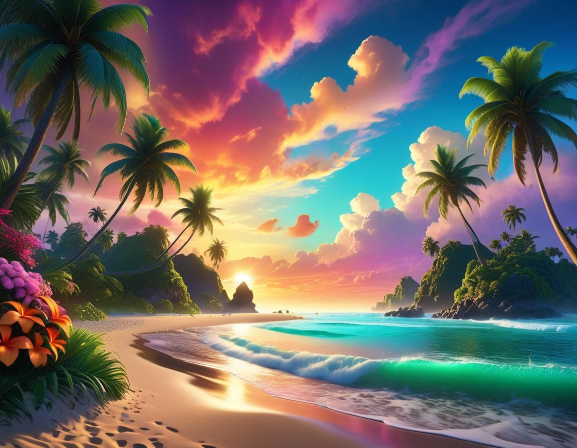 Tropical Beach Sunset in Watercolor Style