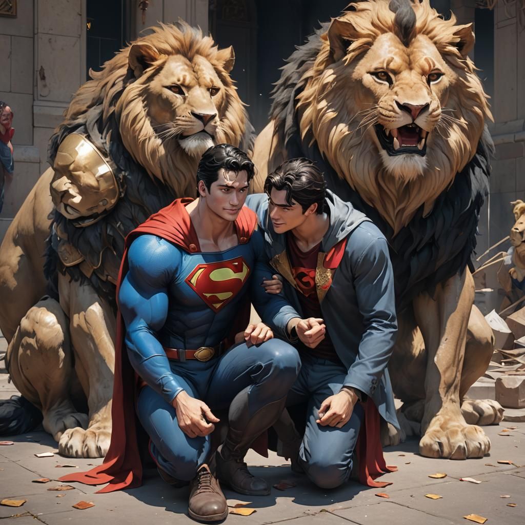 Superman and the Begging Lion in Anime Style