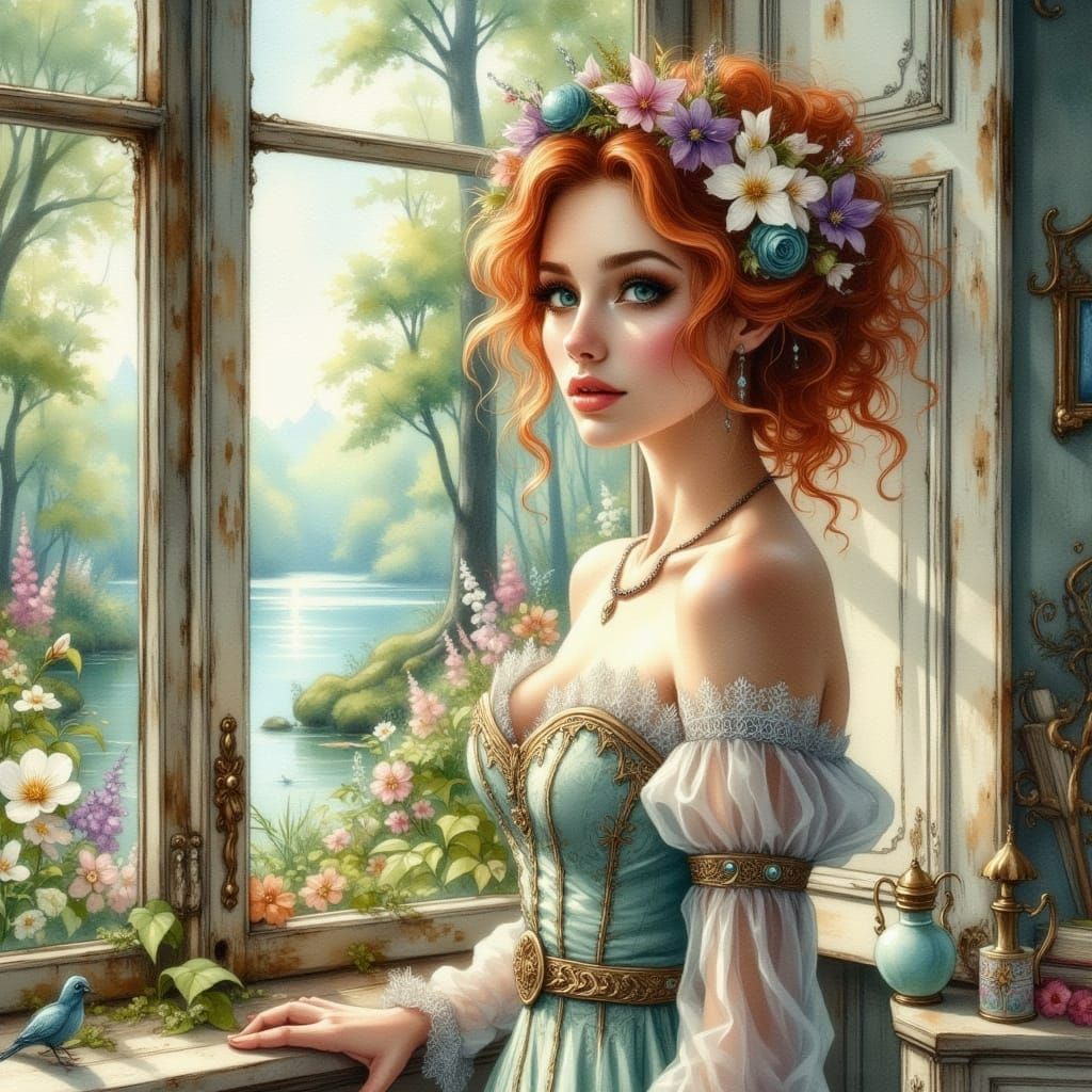 Elegant Lady in Whimsical Garden Setting, Watercolor Style