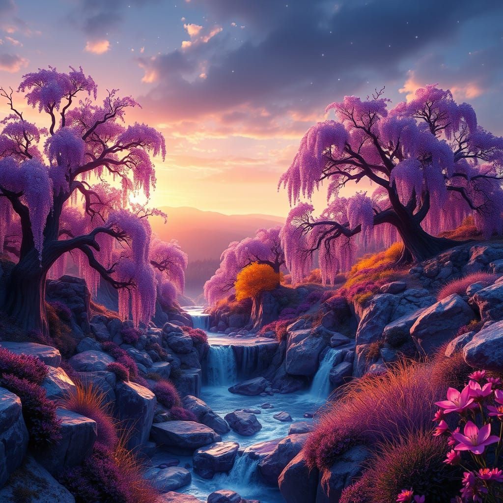 Whimsical Amethyst Dreamscape with Golden Oaks