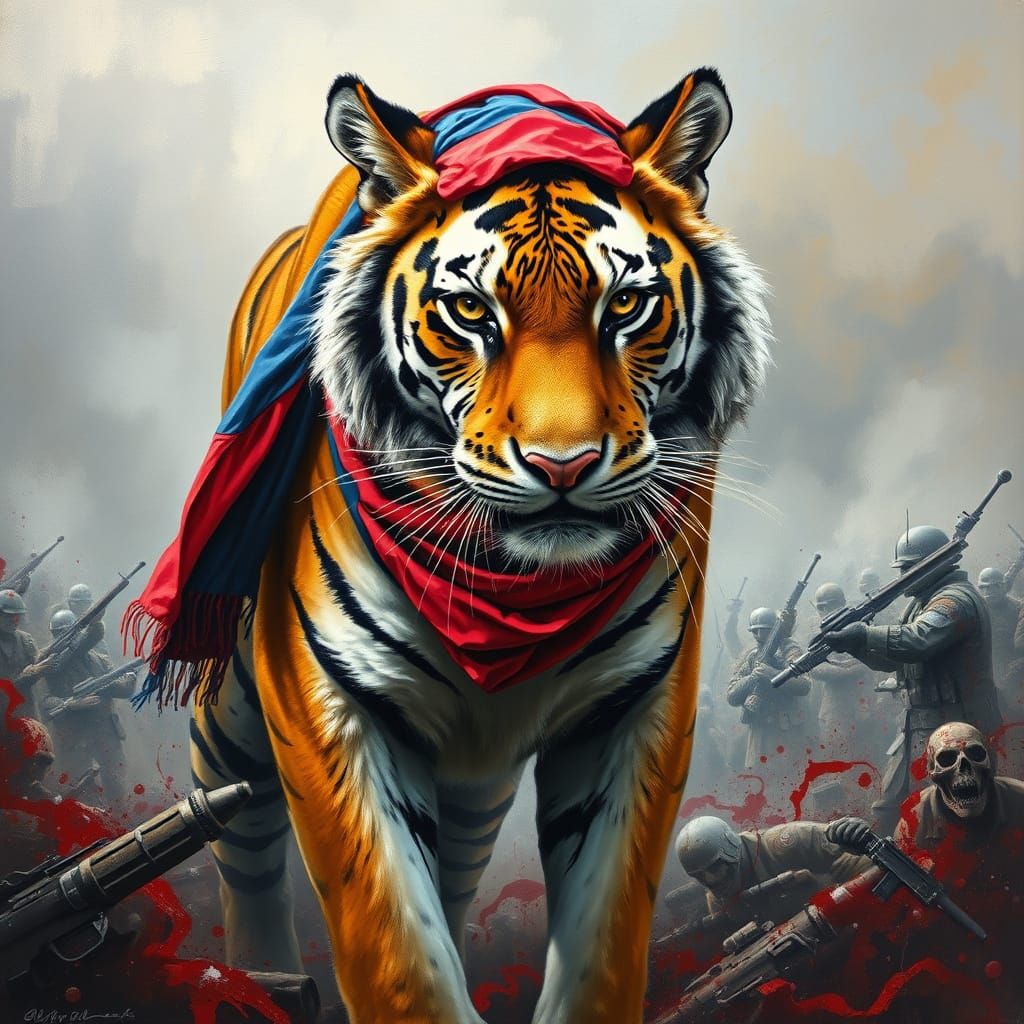 Tiger in Battlefield: Oil Painting in Dramatic Style