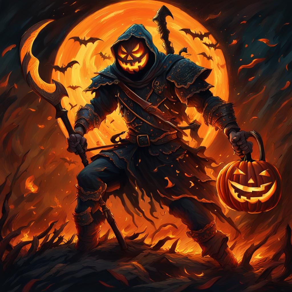 Jack O' Lantern Warrior with Sickle: Dark Fantasy Oil Painti...