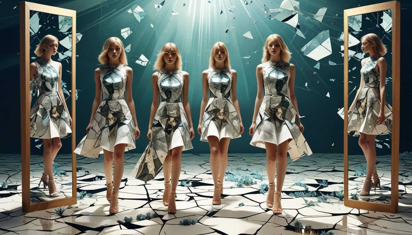 Fashion Models Stepping Through Shattered Cosmic Mirrors