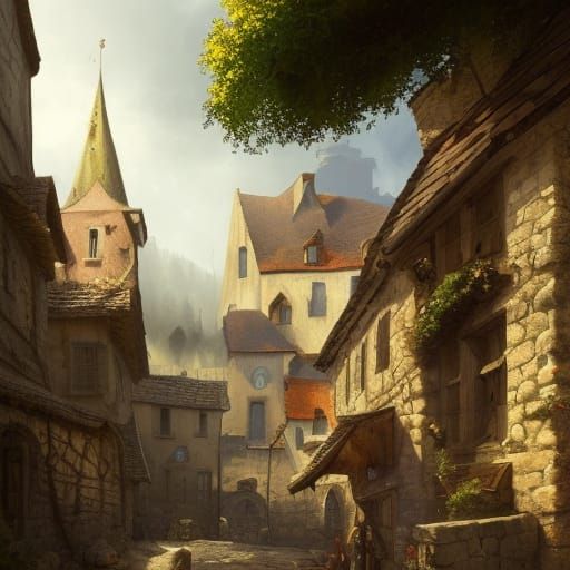 Medieval Village Landscape in Detailed Oil Painting Style