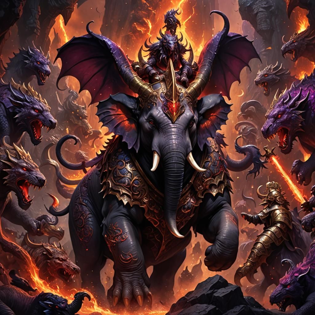 Divine Dragon-Elephant Descends into Hellish Realm