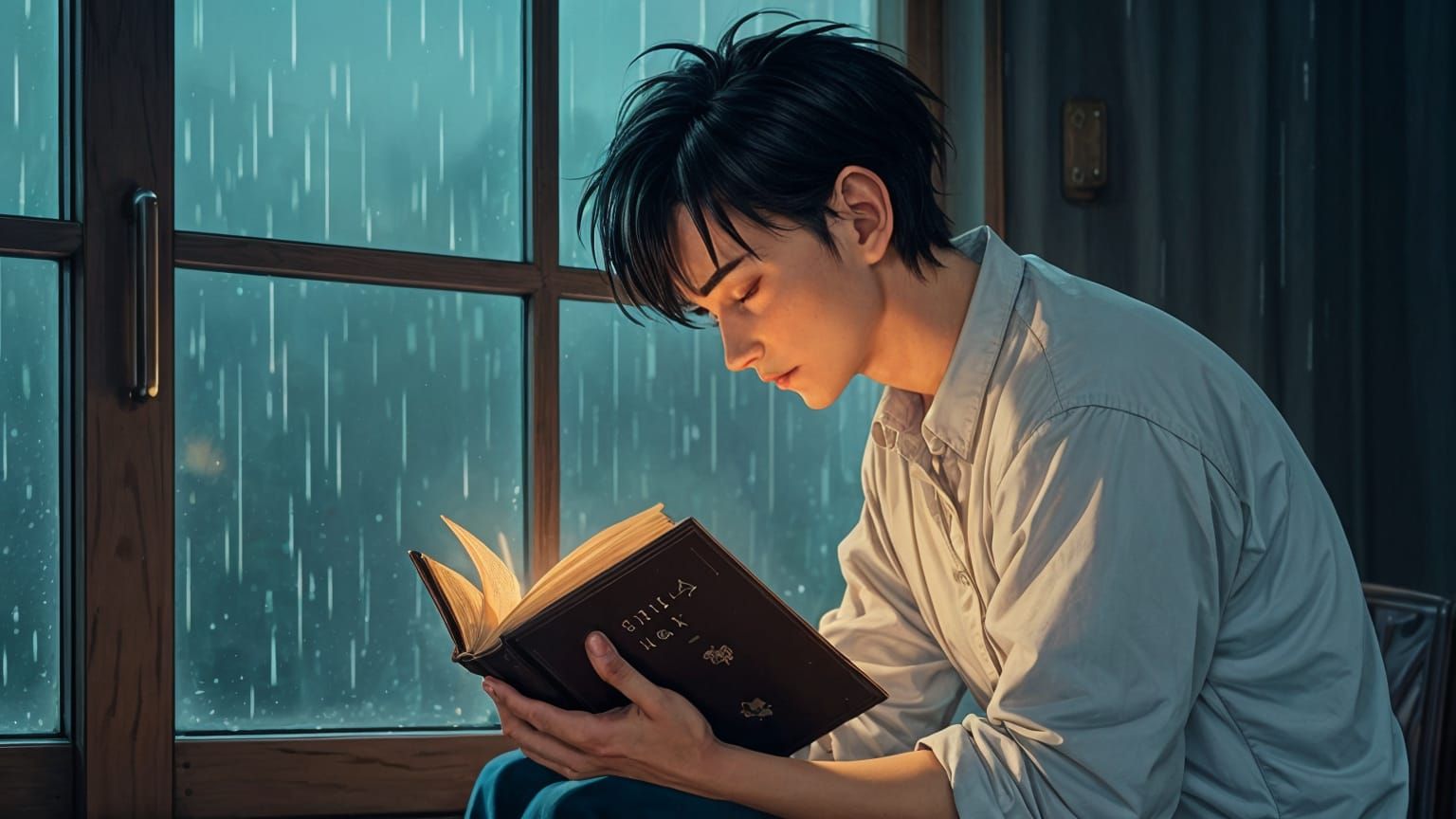 Tall Man Reads by Window on Rainy Night in Anime Style