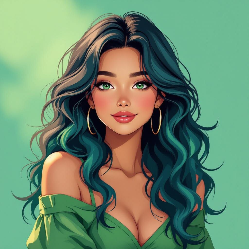 Woman with Teal Hair in Green & Blue Outfit