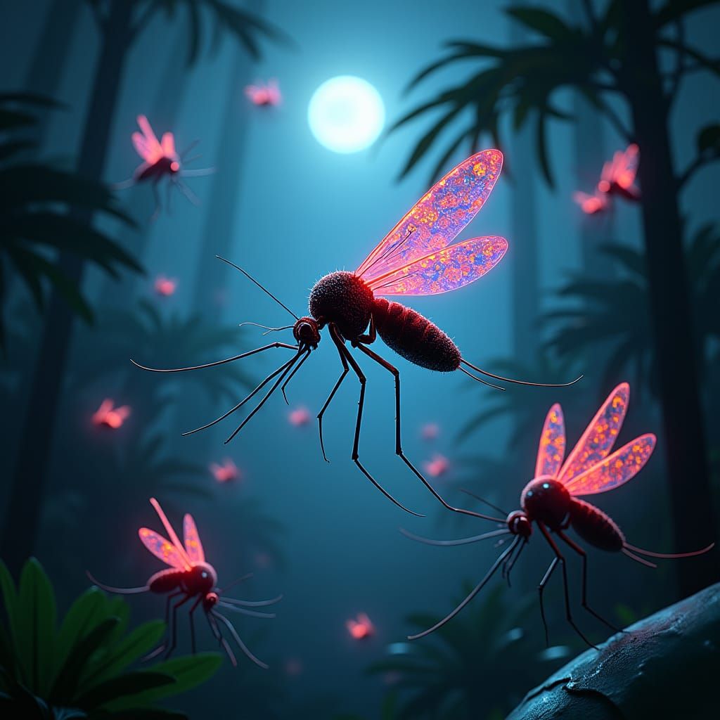 Bioluminescent Mosquitoes in a Neon-Tinged Tropical Forest
