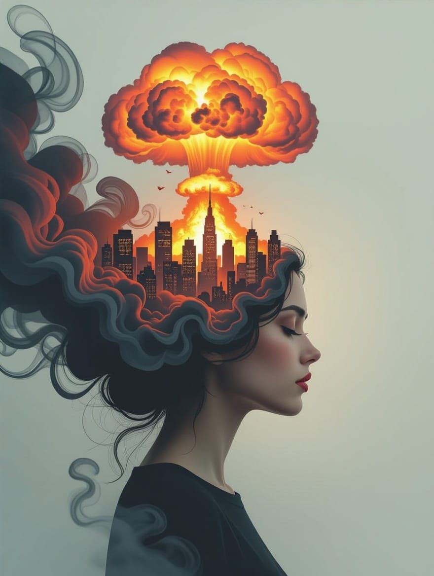 Surreal Cyberpunk Woman Emerges from Fiery Smoke