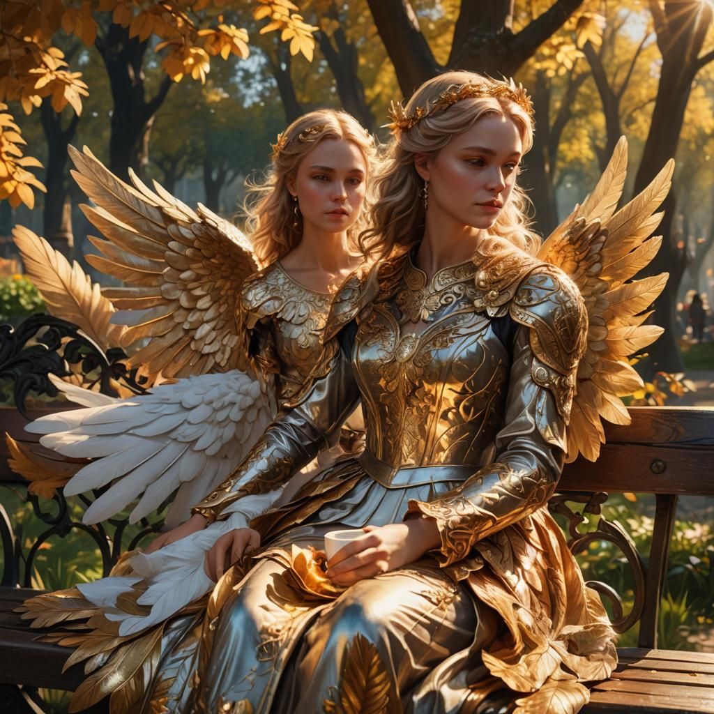 Angel Drinking Coffee in Park, Dutch Masters Style