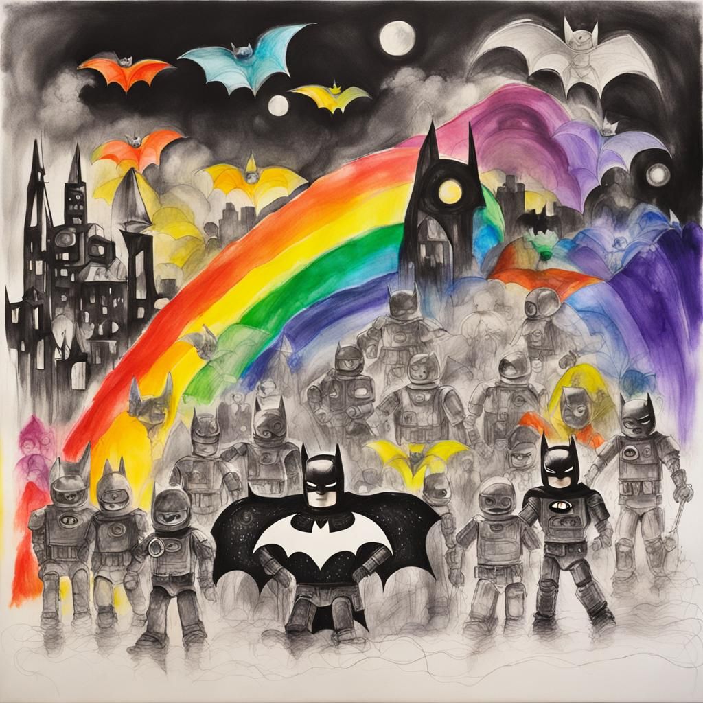 surreal child's drawing  batman action figures , Lotus Mind ,  rayograph Man Ray collection of random b&W objects, light...