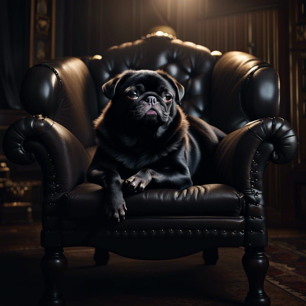Black Pug Asleep in Leather Armchair