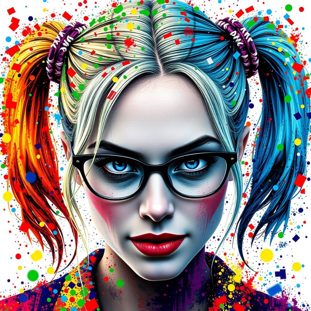 Harley Quinn Portrait in Vibrant, Abstract Colors