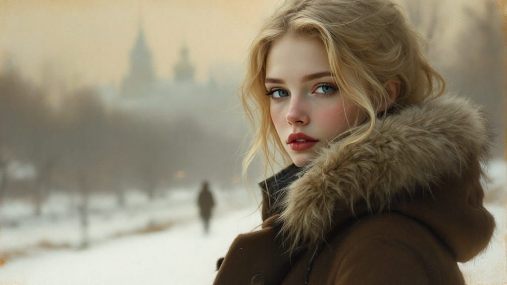 Tonalist Portrait of a Russian Woman in Golden Winter Mist