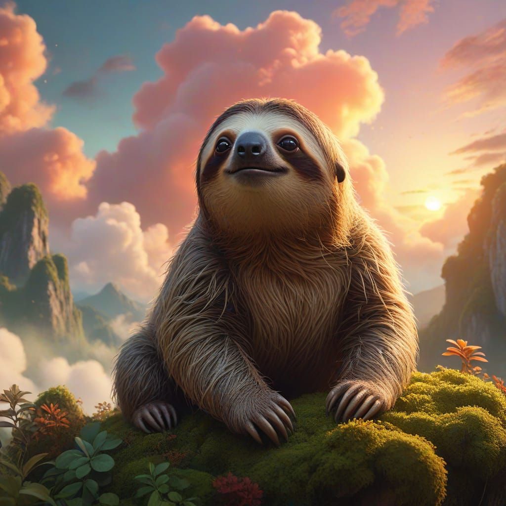 Fantasy Sloth Drifting Through Ethereal Clouds at Sunrise