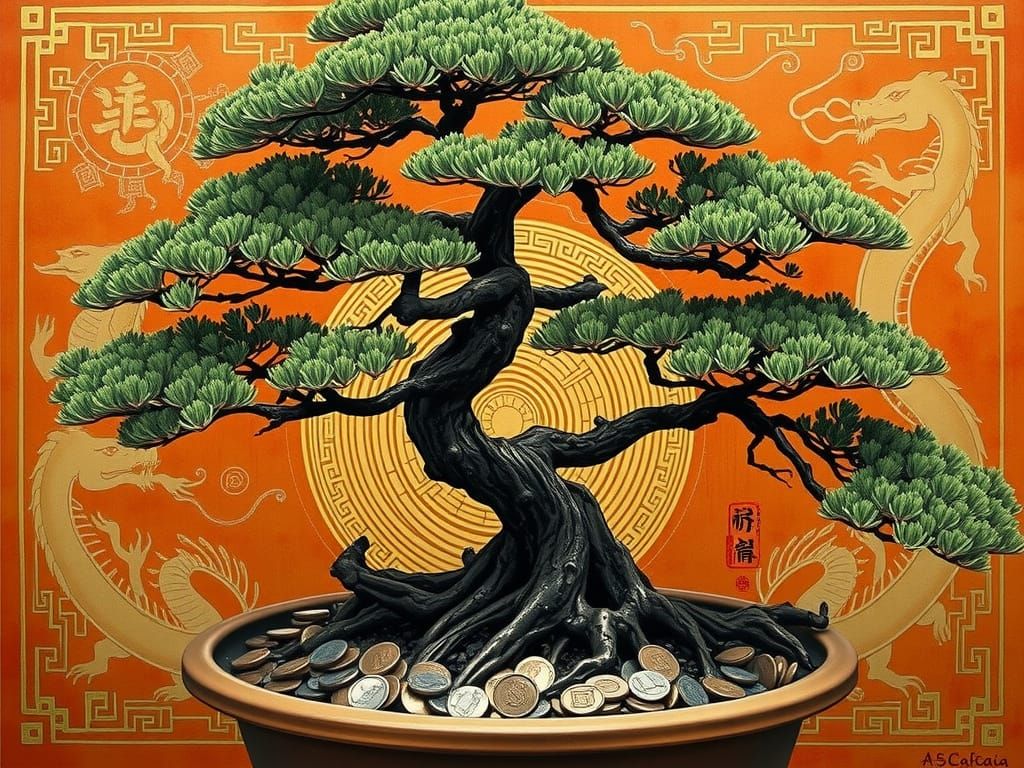 Elegant Chinese Ink Painting of Pine Bonsai in Terracotta Po...