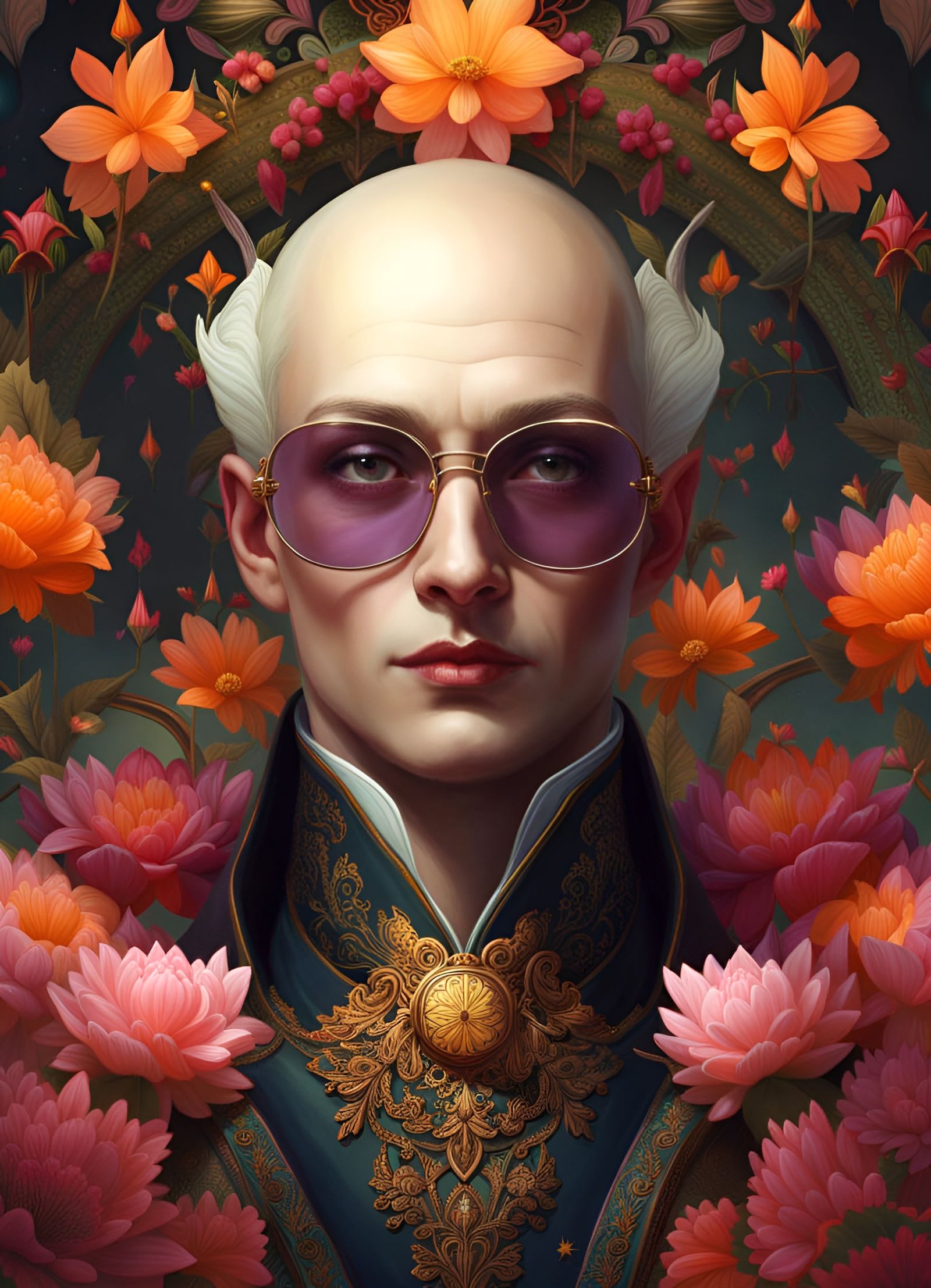 Swarthy Wizard in Flower Regalia with Rembrandt Lighting