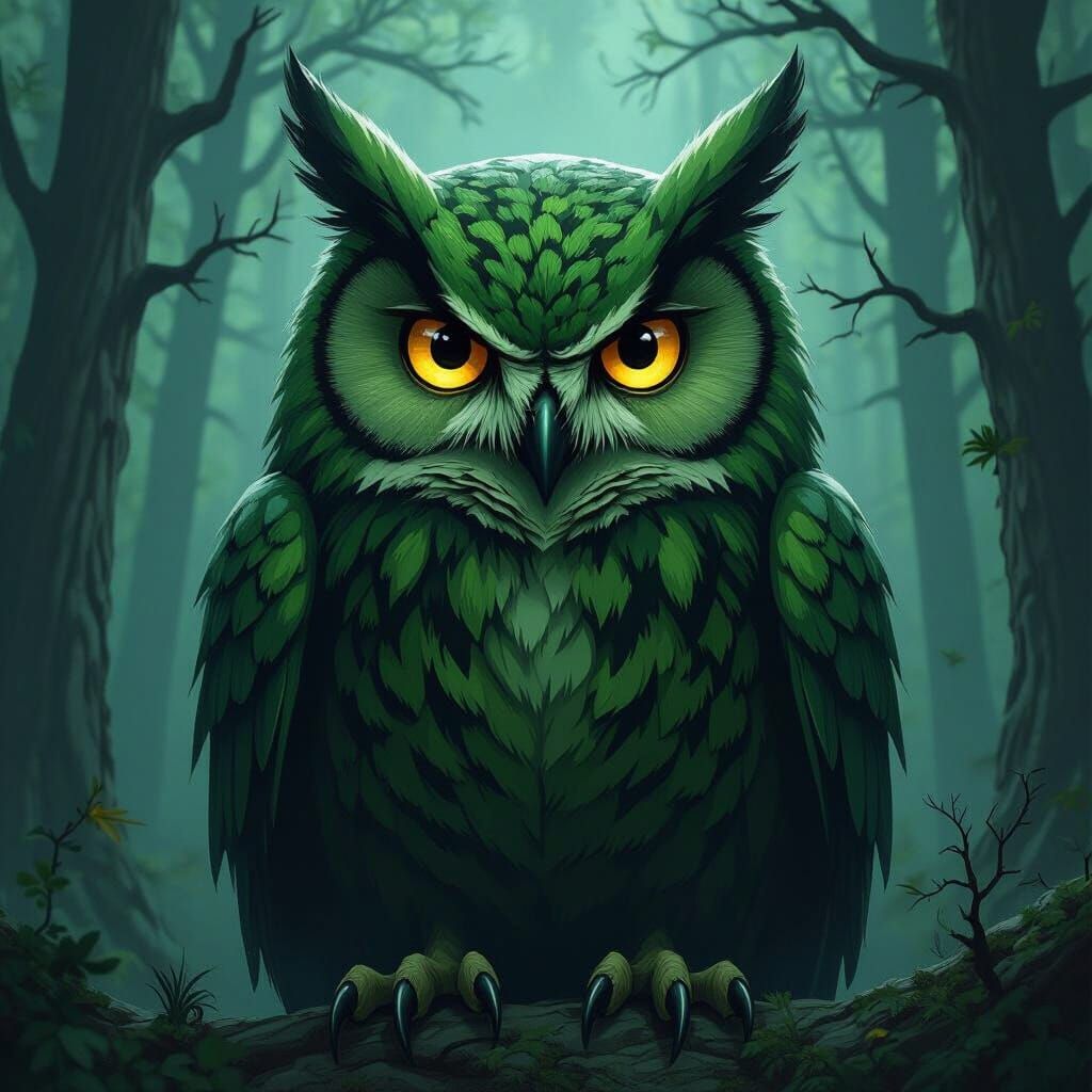 Malevolent Green Owl in Gothic Romantic Style