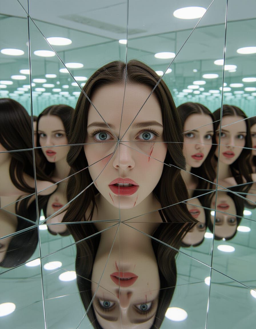 A mirror-filled room where her reflection fractures into doz...