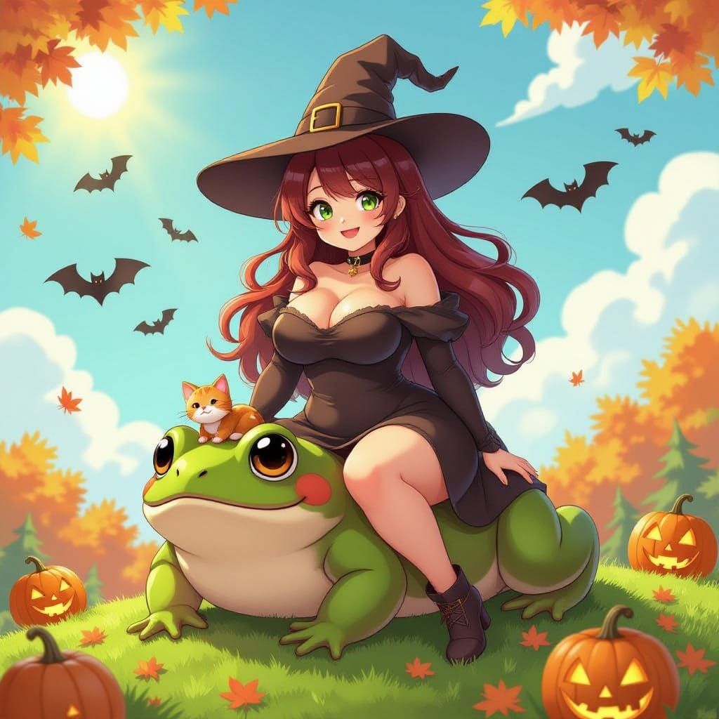 Anime Witch Sits on Frog with Kitten, Halloween Scene