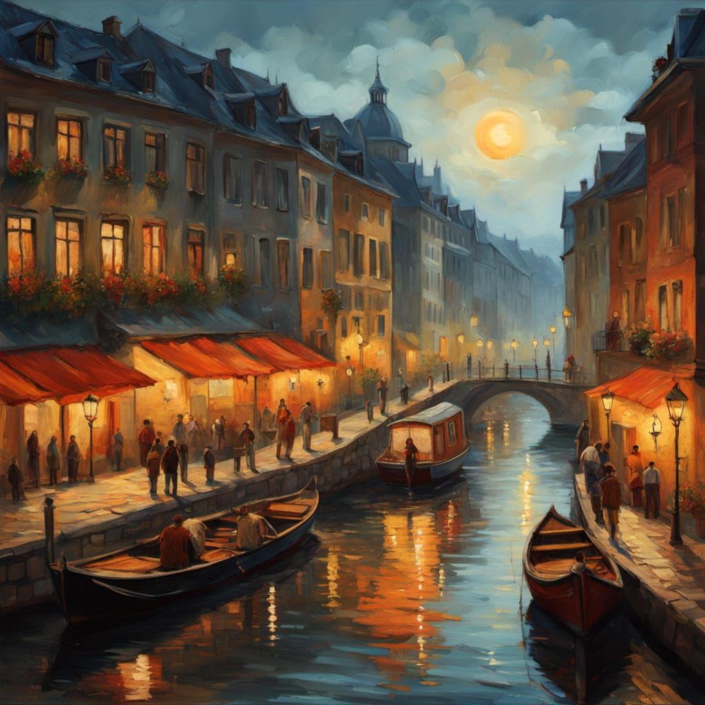 European City at Night in Gouache Style