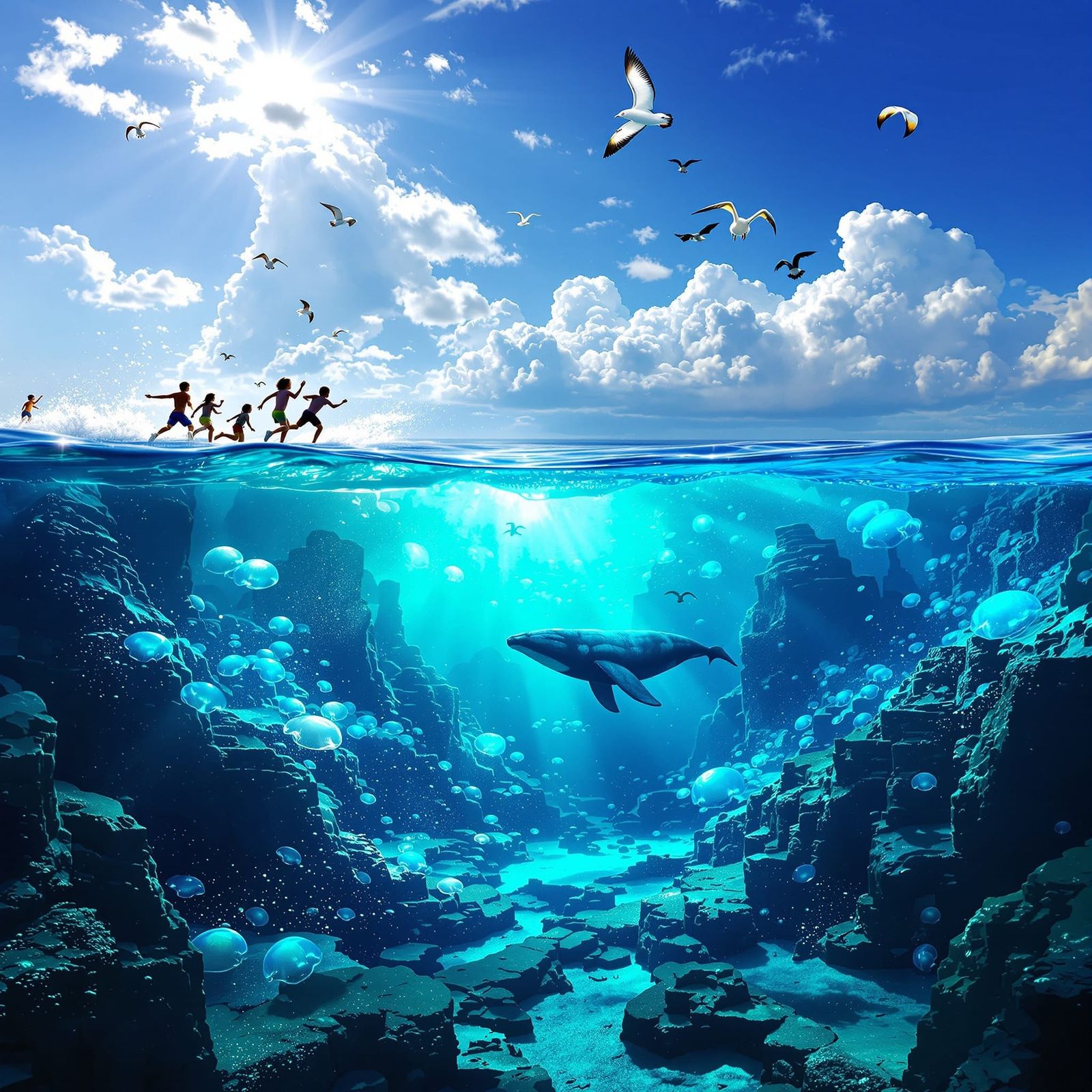 Ocean Split: Tropical Shore Meets Bioluminescent Abyss