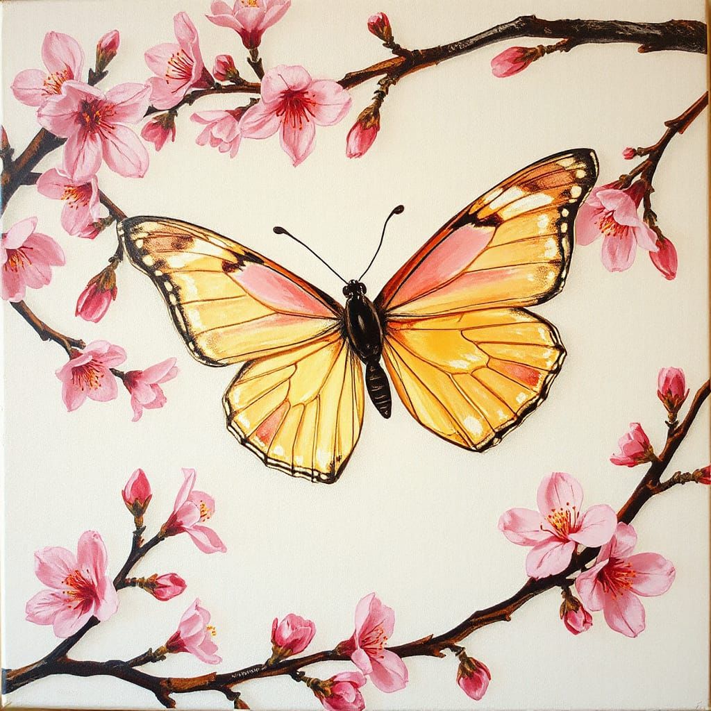 Butterfly Amid Cherry Blossoms in Ukiyo-e Style
