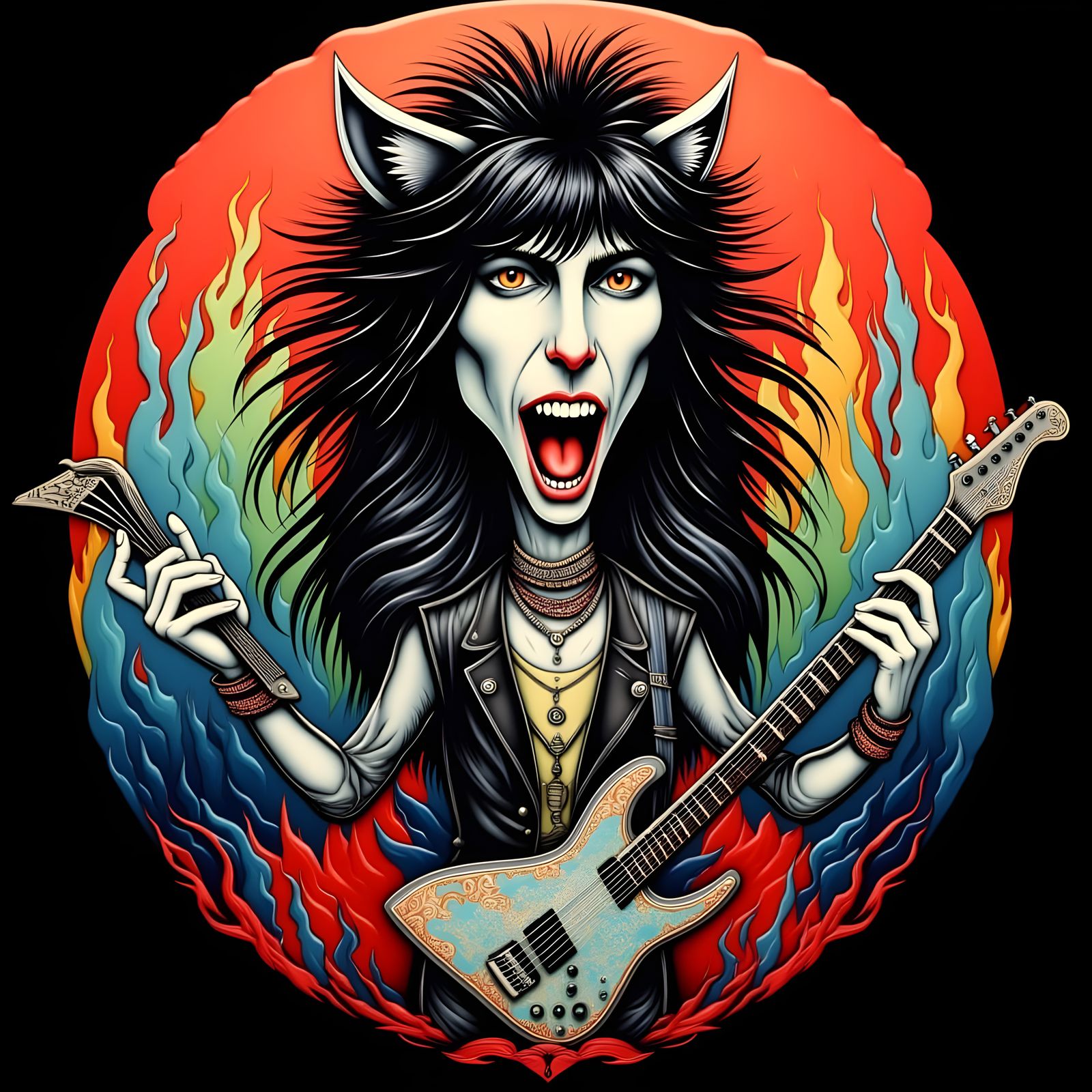 Heavy Metal Cat Caricature in Chicago Imagists Style