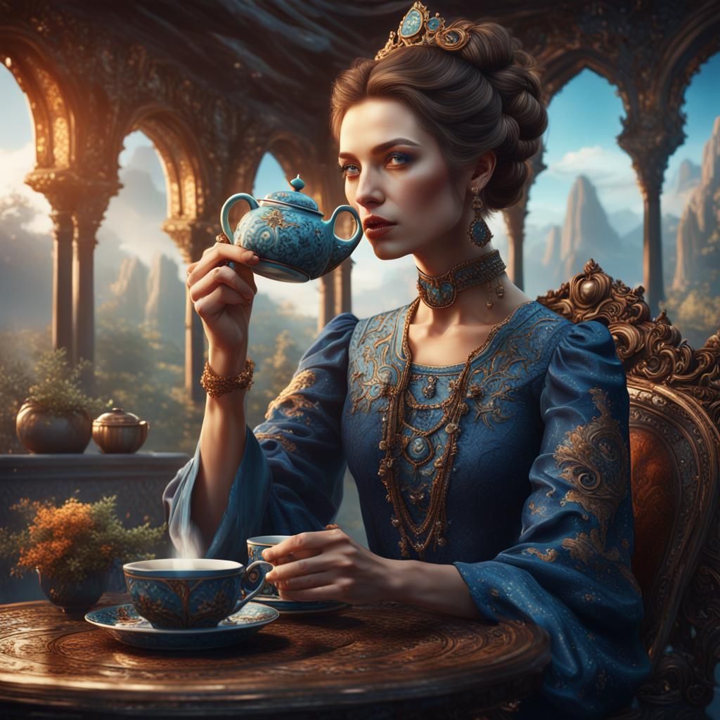 Beautiful Woman Drinking Tea in Detailed Matte Painting