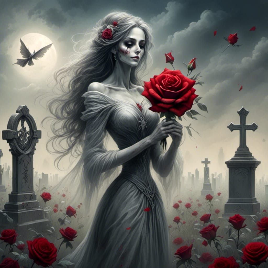 Woman Mourning at Graveside in Sombre Airbrush Art