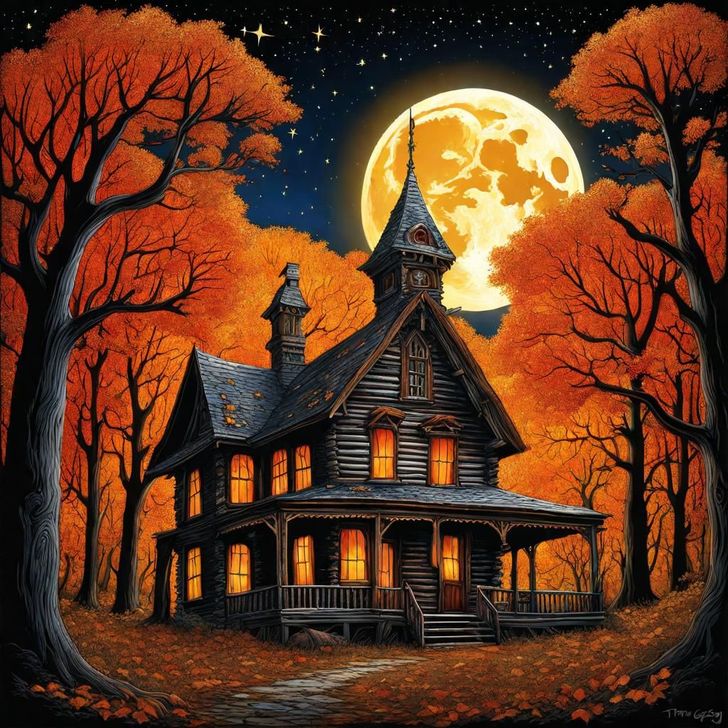 Gothic Autumn Cabin Under a Twinkling Starry Sky