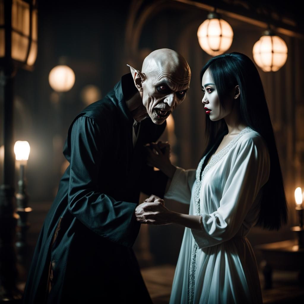 Dark gothic horror movie scene, Male Nosferatu vampire attacking 18yo Indonesian girl in nightwear, gothic horror movie...