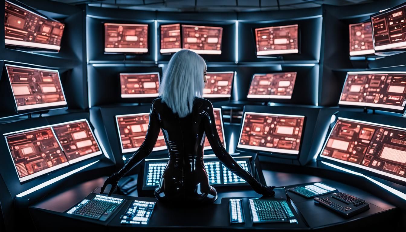 Futuristic Latex Figure in Control Room