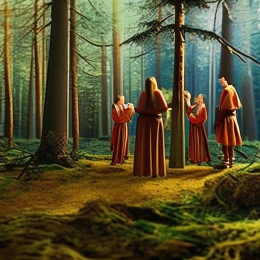 pre-germanic nordic bronze age ceremony in the woods triadic colors split-complementary colors volumetric lighting matte...