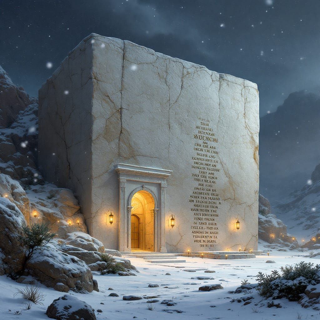 White Granite Cornerstone Temple in Winter Night