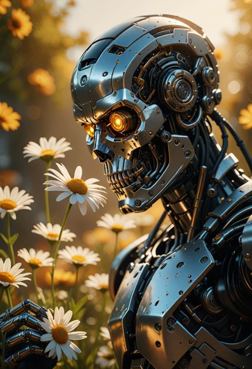 A close-up scene featuring a cyborg terminator, standing still as it curiously sniffs a freshly picked daisy. The termin...