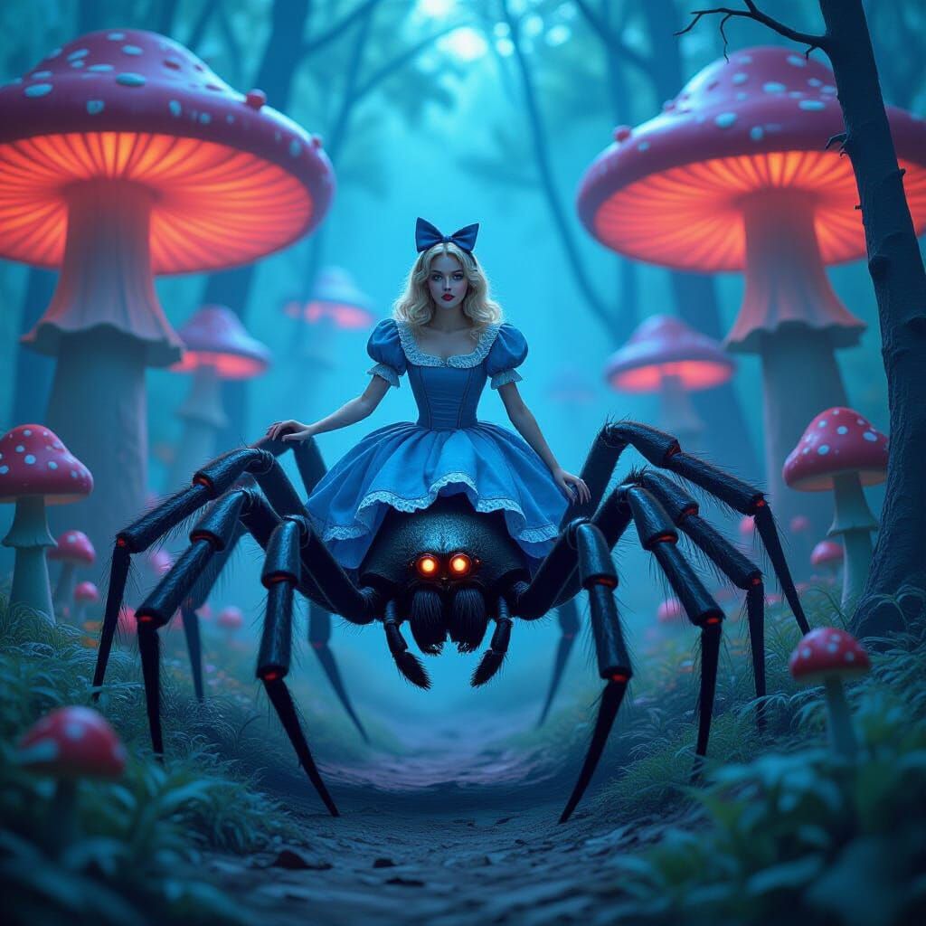 Alice Rides a Giant Spider in Neon Forest